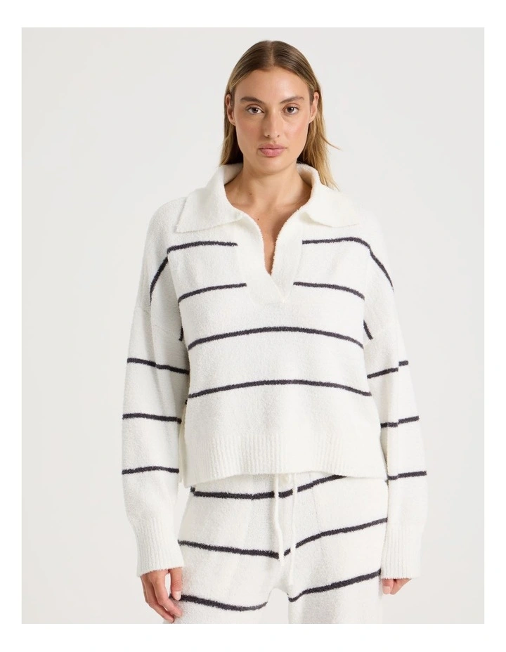 Cosy Boucle Open V-Collar Long Sleeve Top in Ivory Y/D Stripe image 5