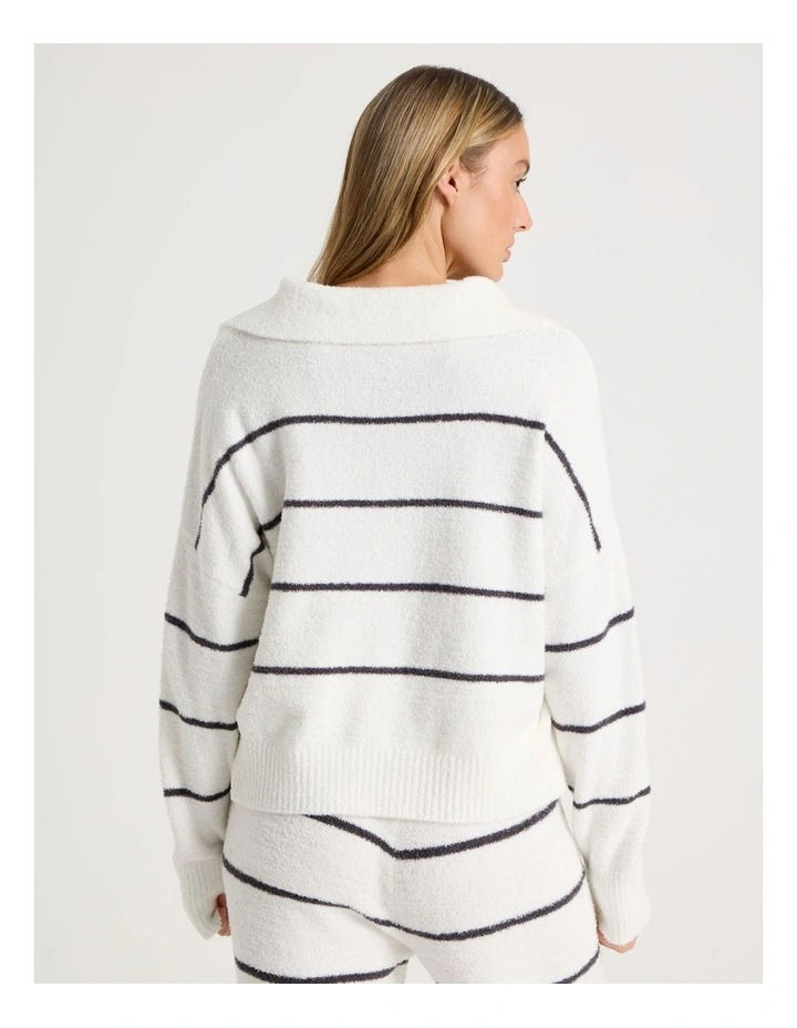 Cosy Boucle Open V-Collar Long Sleeve Top in Ivory Y/D Stripe image 6