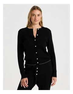 Premium Knit Tipped Crew Neck Cardigan in Black