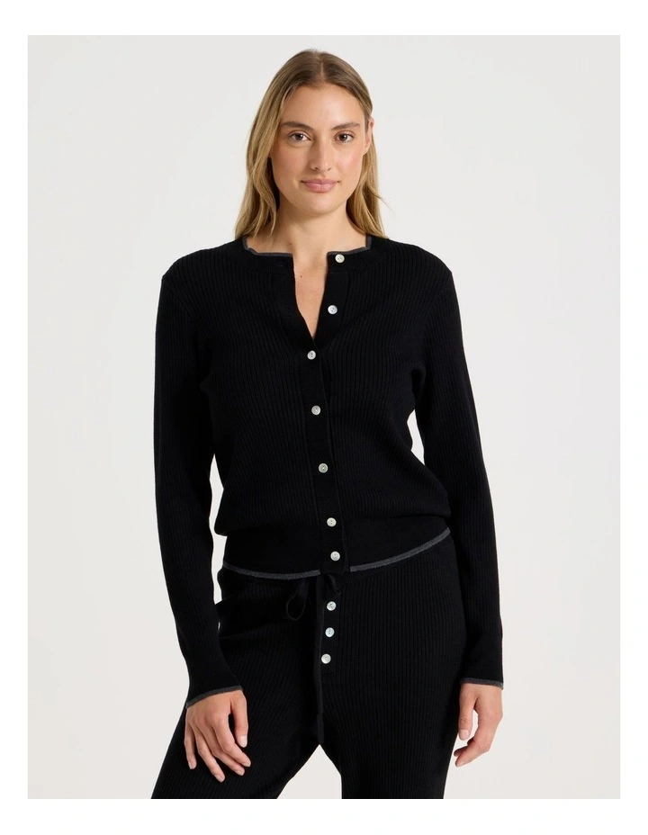 Premium Knit Tipped Crew Neck Cardigan in Black image 1
