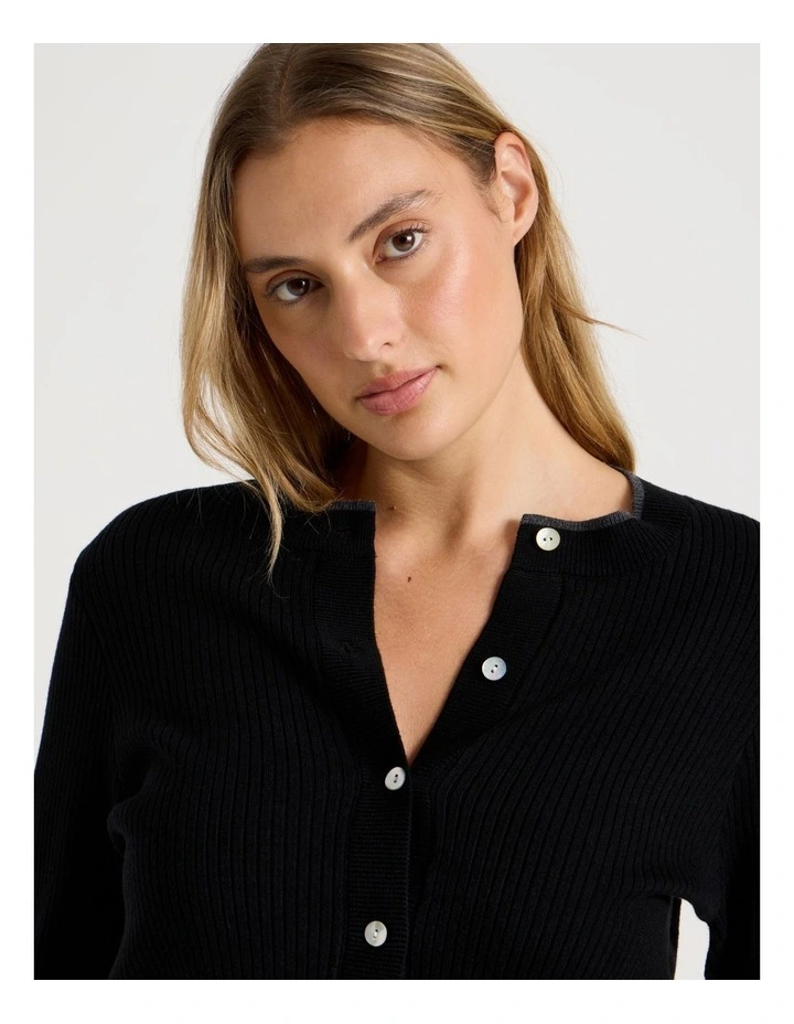 Premium Knit Tipped Crew Neck Cardigan in Black image 2