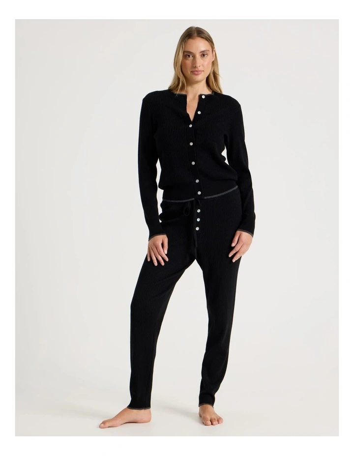 Premium Knit Tipped Crew Neck Cardigan in Black image 5