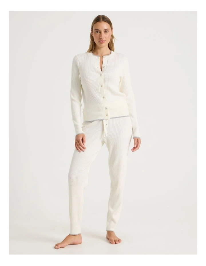 Premium Knit Tipped Crew Neck Cardigan in Ivory image 3