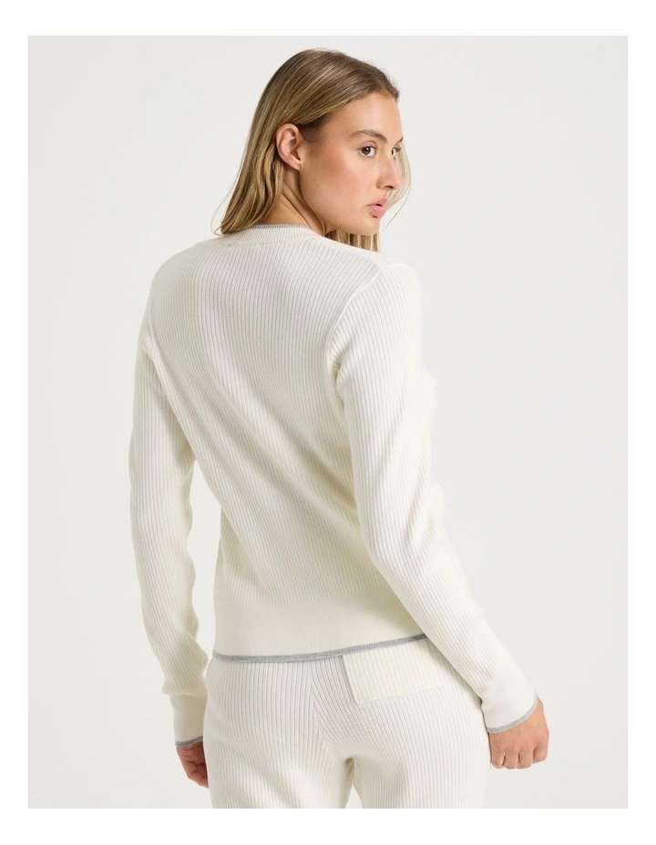 Premium Knit Tipped Crew Neck Cardigan in Ivory image 4