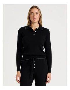 Premium Knit Tipped Polo Long Sleeve Top in Black