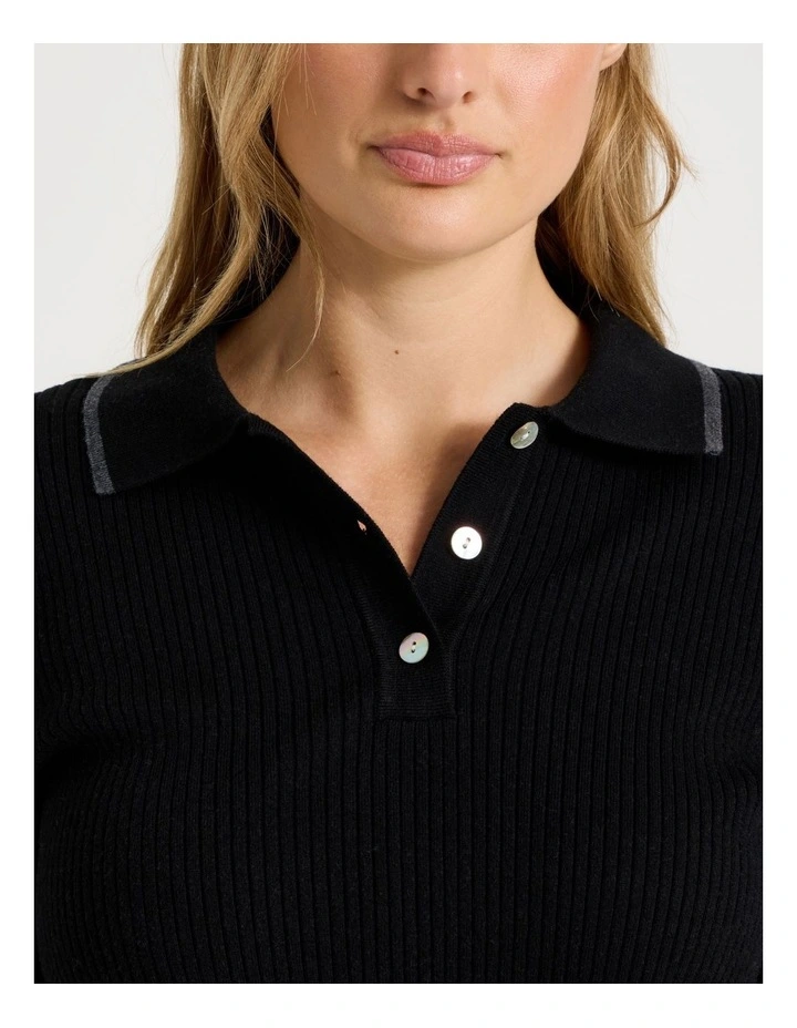 Premium Knit Tipped Polo Long Sleeve Top in Black image 4