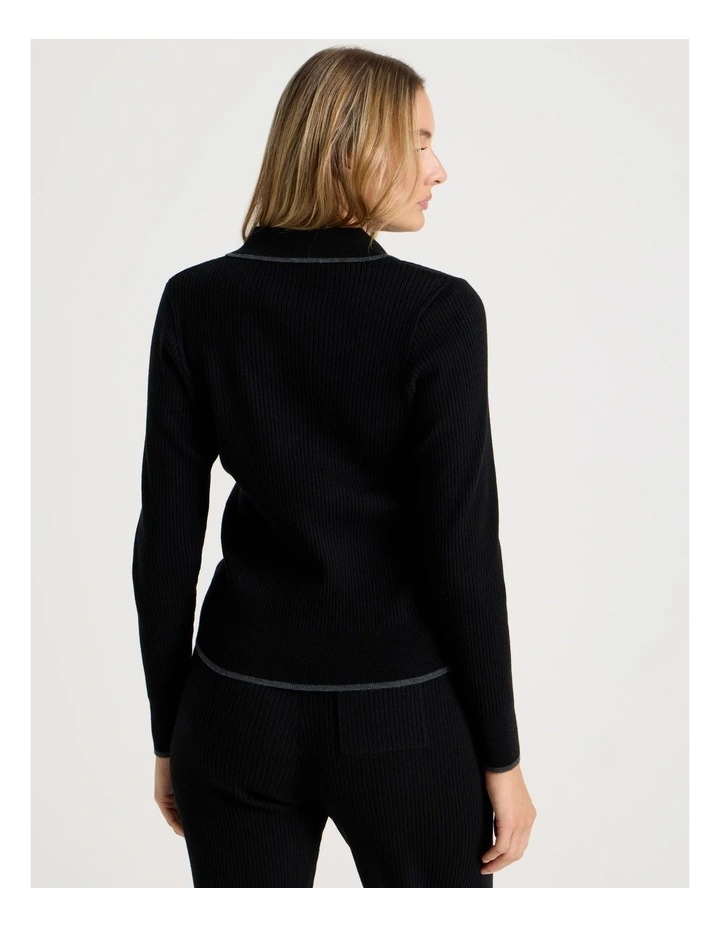 Premium Knit Tipped Polo Long Sleeve Top in Black image 5