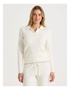 Premium Knit Tipped Polo Long Sleeve Top in Ivory