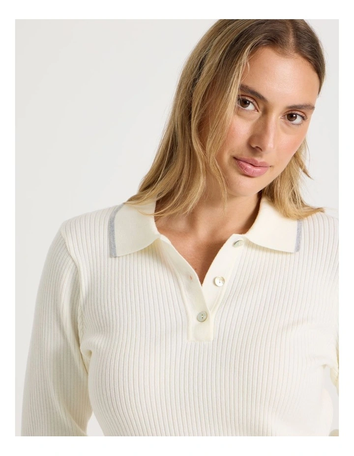 Premium Knit Tipped Polo Long Sleeve Top in Ivory image 2
