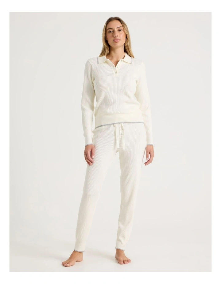 Premium Knit Tipped Polo Long Sleeve Top in Ivory image 3