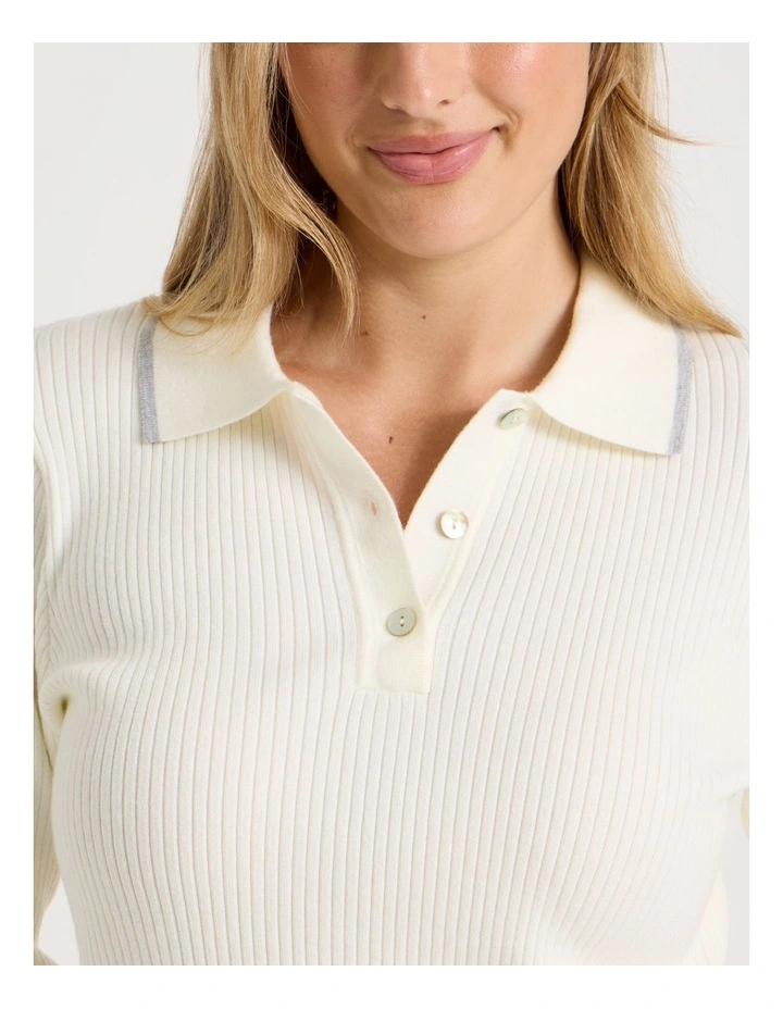 Premium Knit Tipped Polo Long Sleeve Top in Ivory image 4