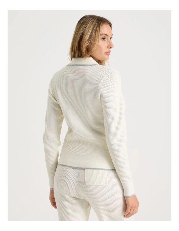 Premium Knit Tipped Polo Long Sleeve Top in Ivory image 5