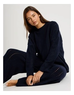 Cosy Knit Hole Crew Long Sleeve Top in Navy