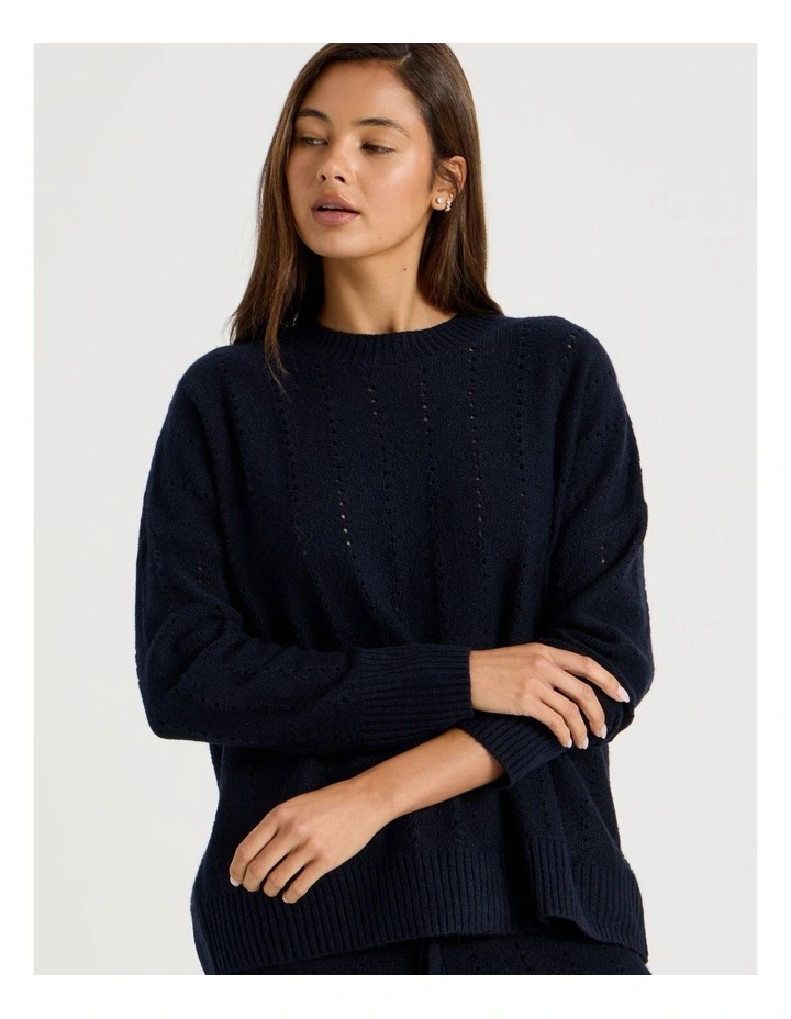 Cosy Knit Hole Crew Long Sleeve Top in Navy image 2