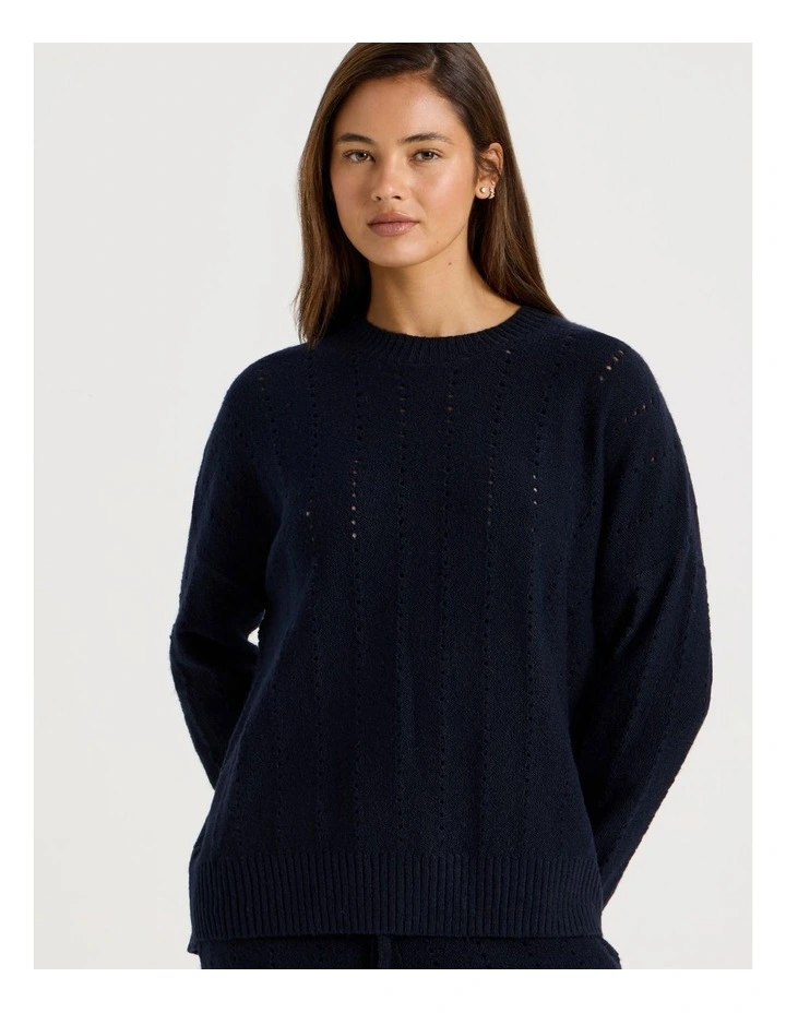 Cosy Knit Hole Crew Long Sleeve Top in Navy image 4
