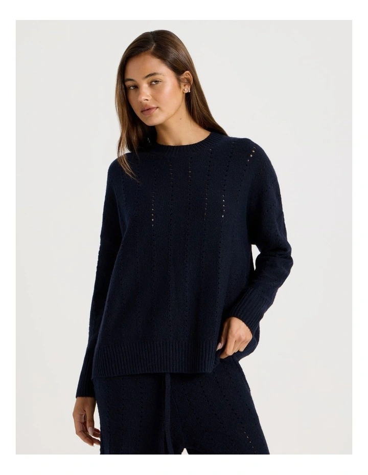 Cosy Knit Hole Crew Long Sleeve Top in Navy image 5