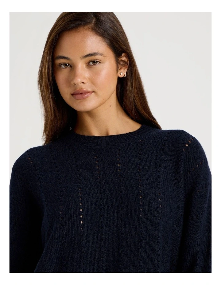 Cosy Knit Hole Crew Long Sleeve Top in Navy image 6