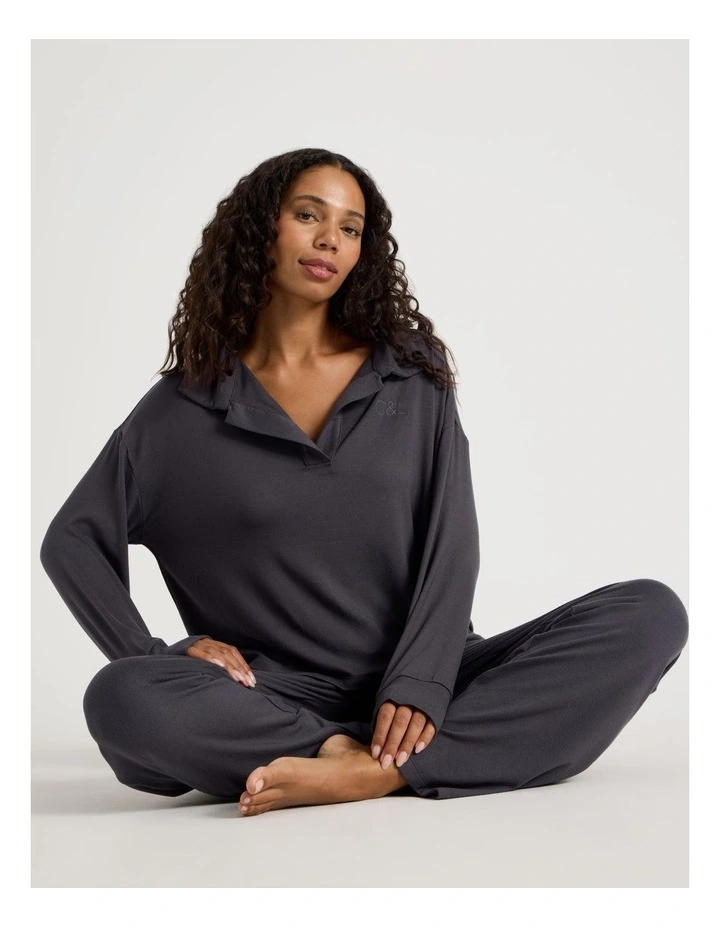 Cosy Supersoft Open V Neck Sleep Top in Charcoal image 1