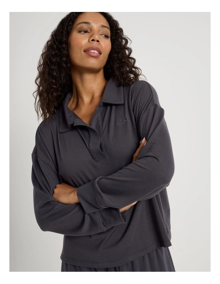 Cosy Supersoft Open V Neck Sleep Top in Charcoal image 2