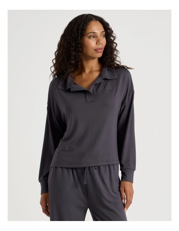 Cosy Supersoft Open V Neck Sleep Top in Charcoal image 3