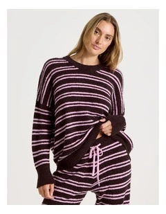 Cosy Boucle Crew Long Sleeve Top in Burnt Fig Stripe