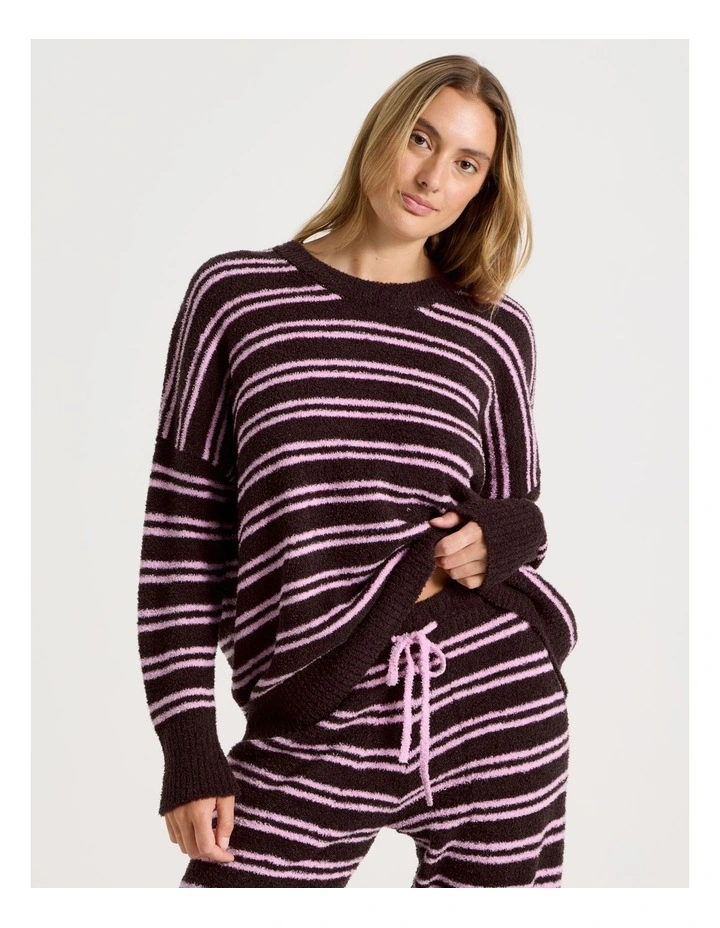 Cosy Boucle Crew Long Sleeve Top in Burnt Fig Stripe image 1
