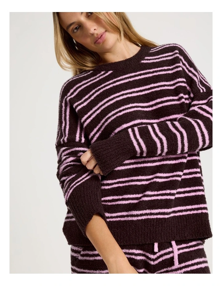 Cosy Boucle Crew Long Sleeve Top in Burnt Fig Stripe image 2