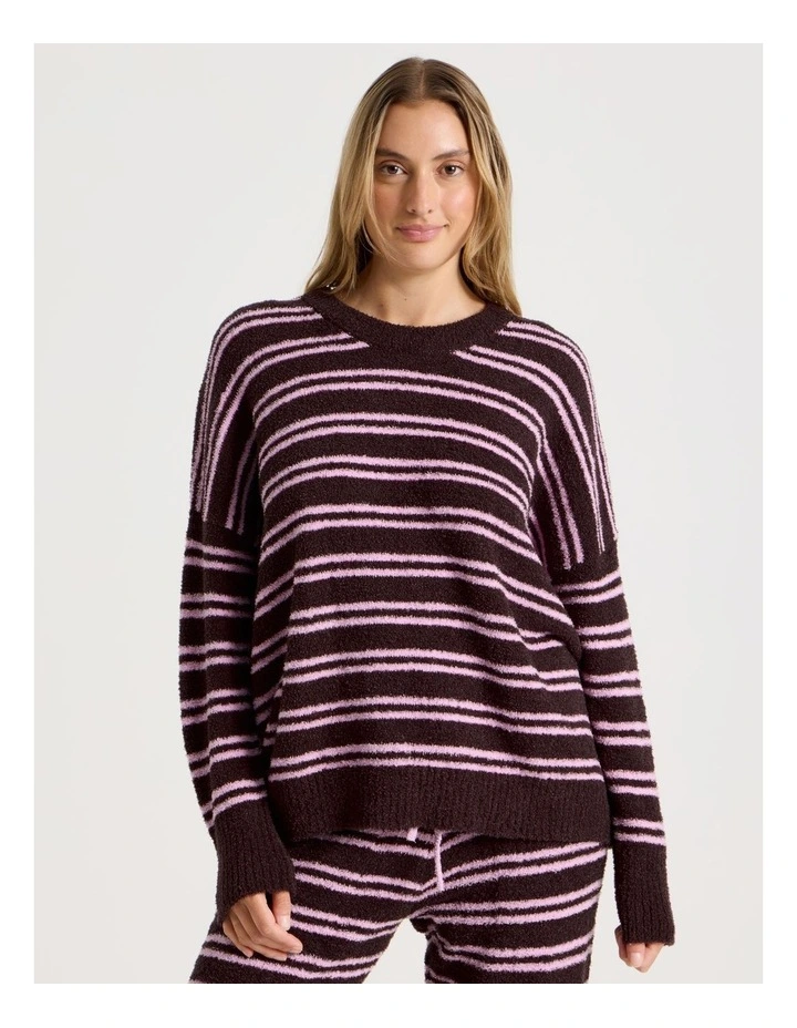 Cosy Boucle Crew Long Sleeve Top in Burnt Fig Stripe image 3