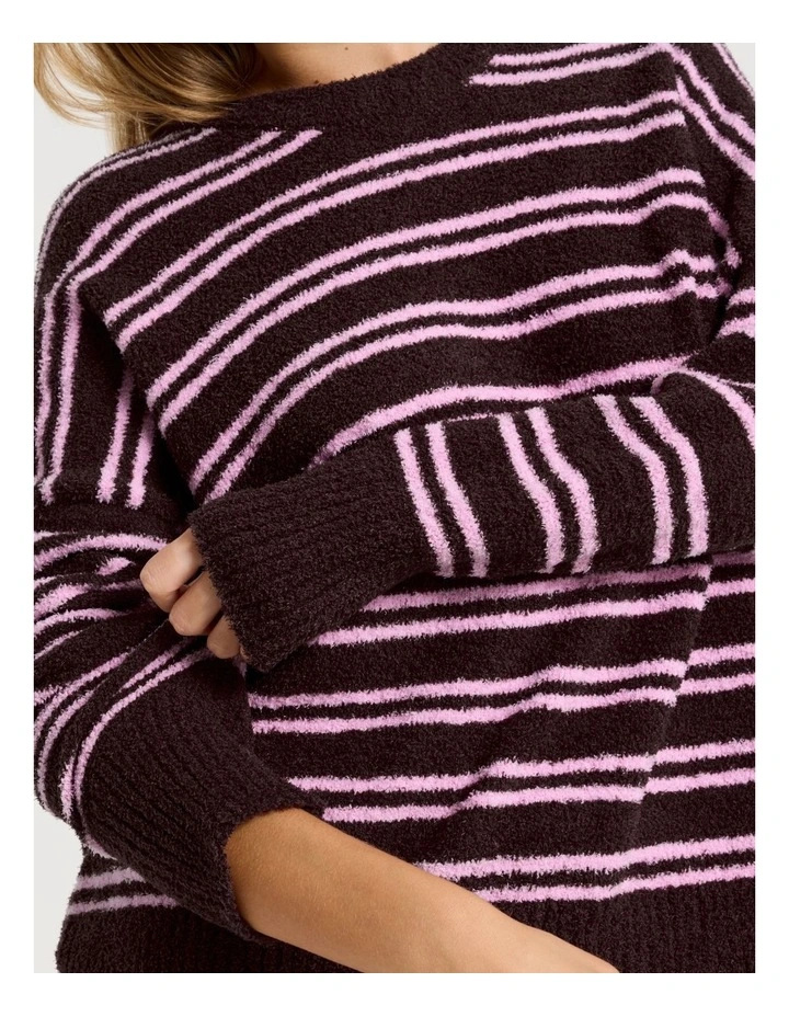 Cosy Boucle Crew Long Sleeve Top in Burnt Fig Stripe image 4