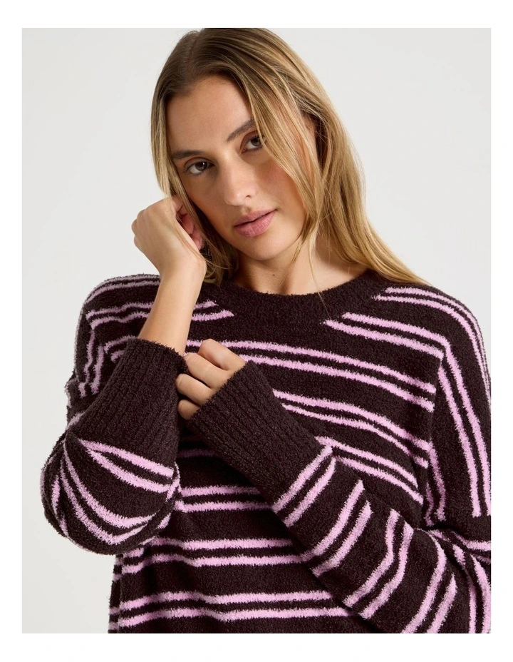 Cosy Boucle Crew Long Sleeve Top in Burnt Fig Stripe image 5