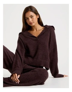 Cosy Boucle Open V-Collar Long Sleeve Top in Burnt Fig