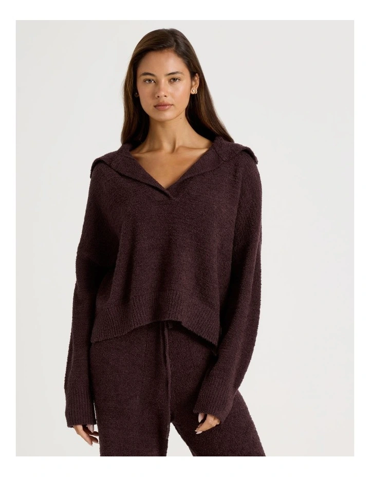 Cosy Boucle Open V-Collar Long Sleeve Top in Burnt Fig image 4