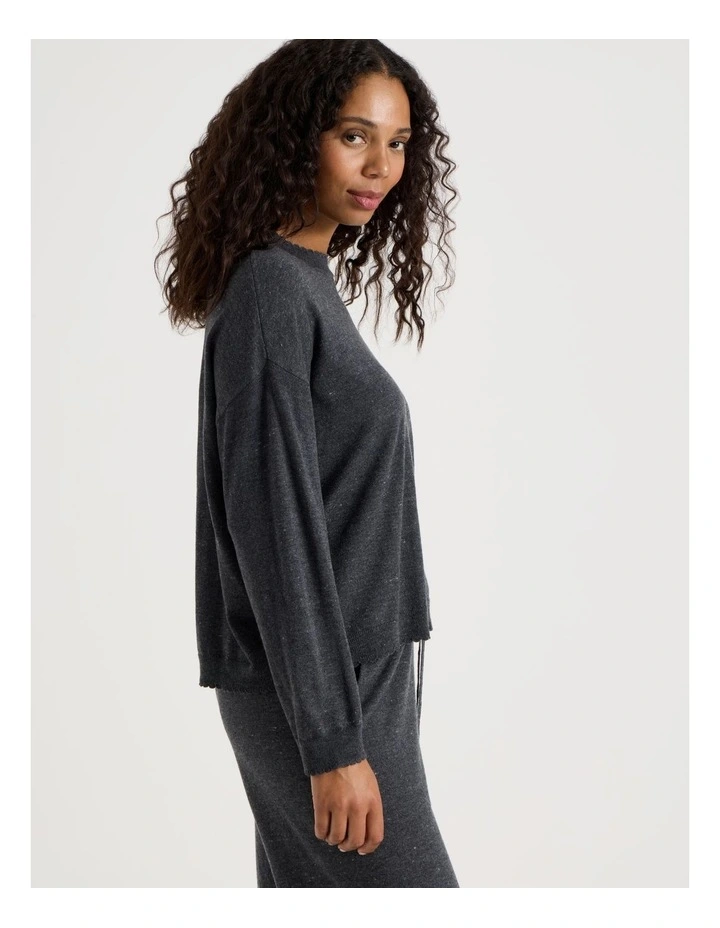 Cosy Scallop Edge Knit Long Sleeve Top in Charcoal Marle image 1