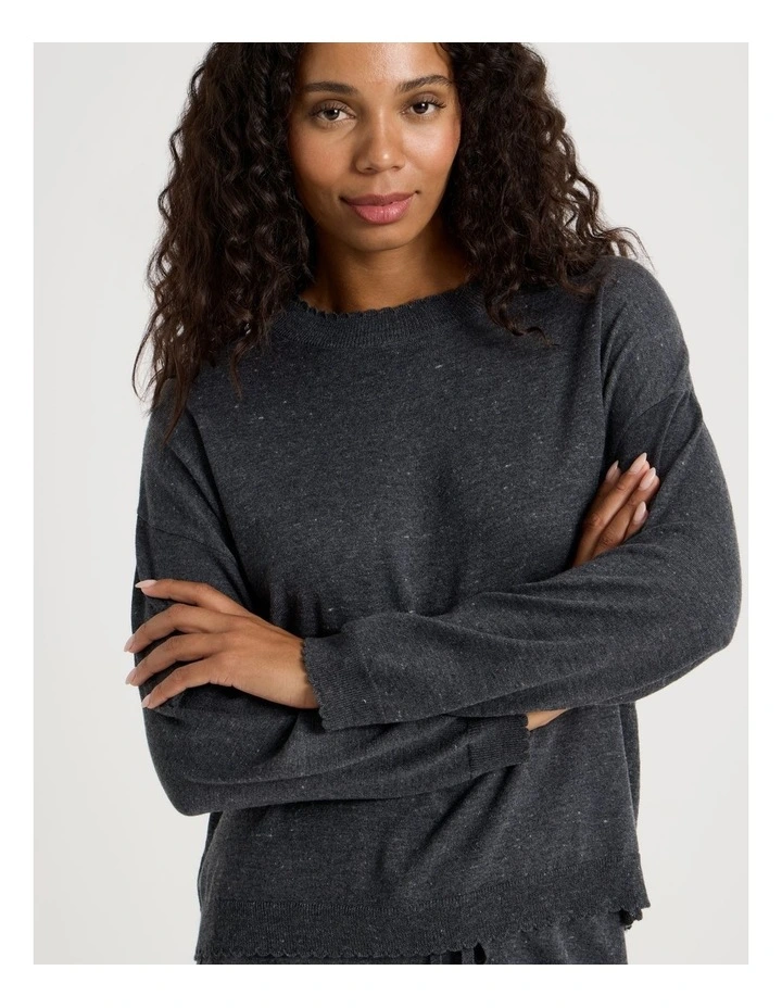 Cosy Scallop Edge Knit Long Sleeve Top in Charcoal Marle image 2