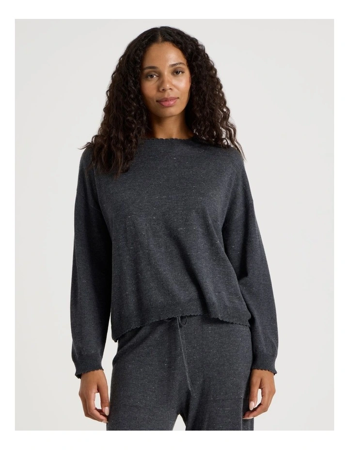 Cosy Scallop Edge Knit Long Sleeve Top in Charcoal Marle image 3