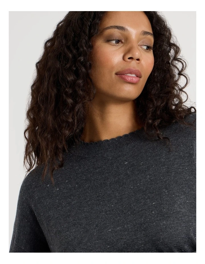 Cosy Scallop Edge Knit Long Sleeve Top in Charcoal Marle image 6