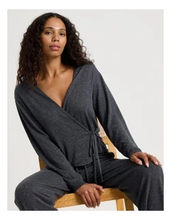 Cosy Scallop Edge Knit Wrap Top in Charcoal Marle