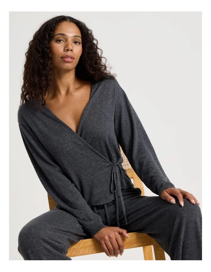 Cosy Scallop Edge Knit Wrap Top in Charcoal Marle image 1