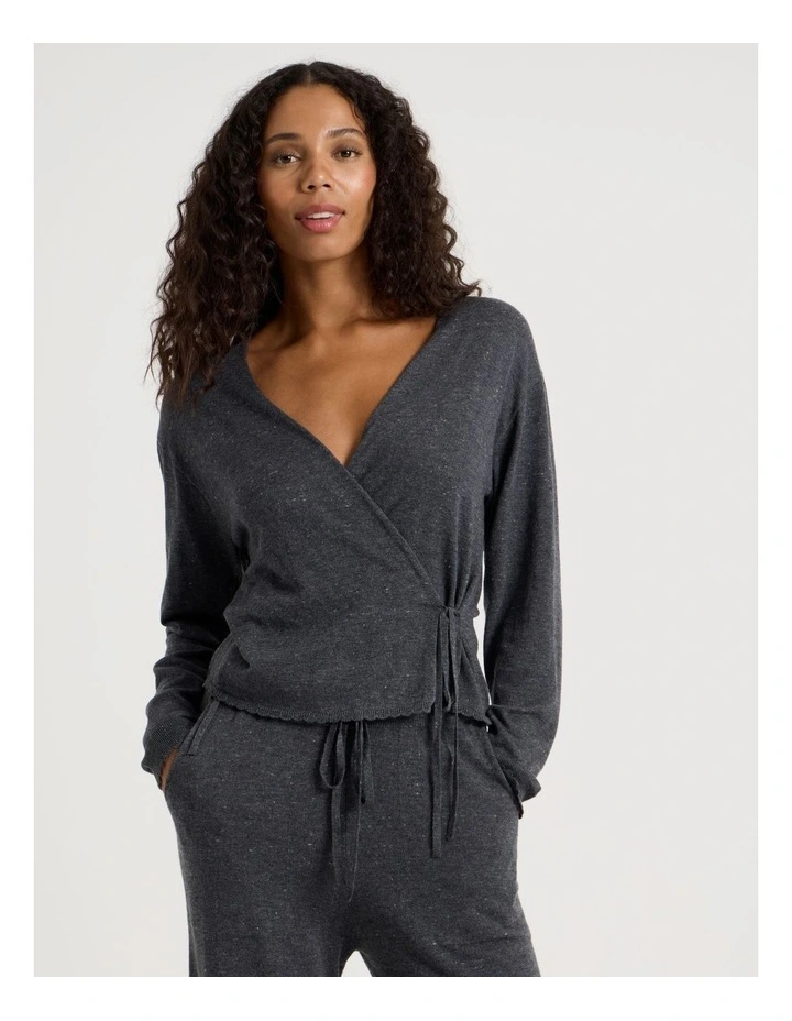 Cosy Scallop Edge Knit Wrap Top in Charcoal Marle image 2