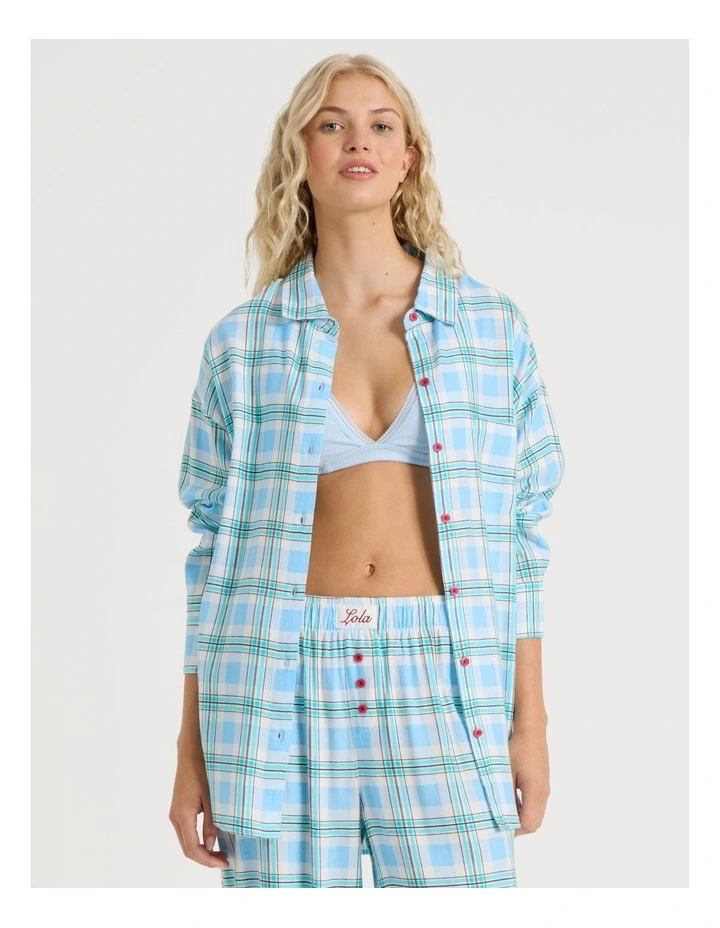Lola Flannelette Boyfriend Shirt in Blue & Choc Check Print image 3