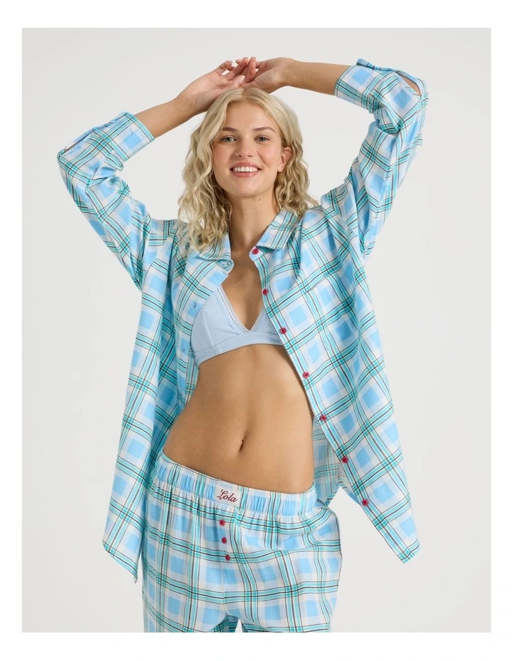 Lola Flannelette Boyfriend Shirt in Blue & Choc Check Print image 7