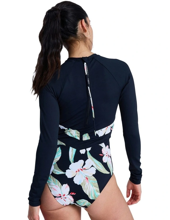 The Rider Zipped Long Sleeve One Piece Rash Vest in Black image 2