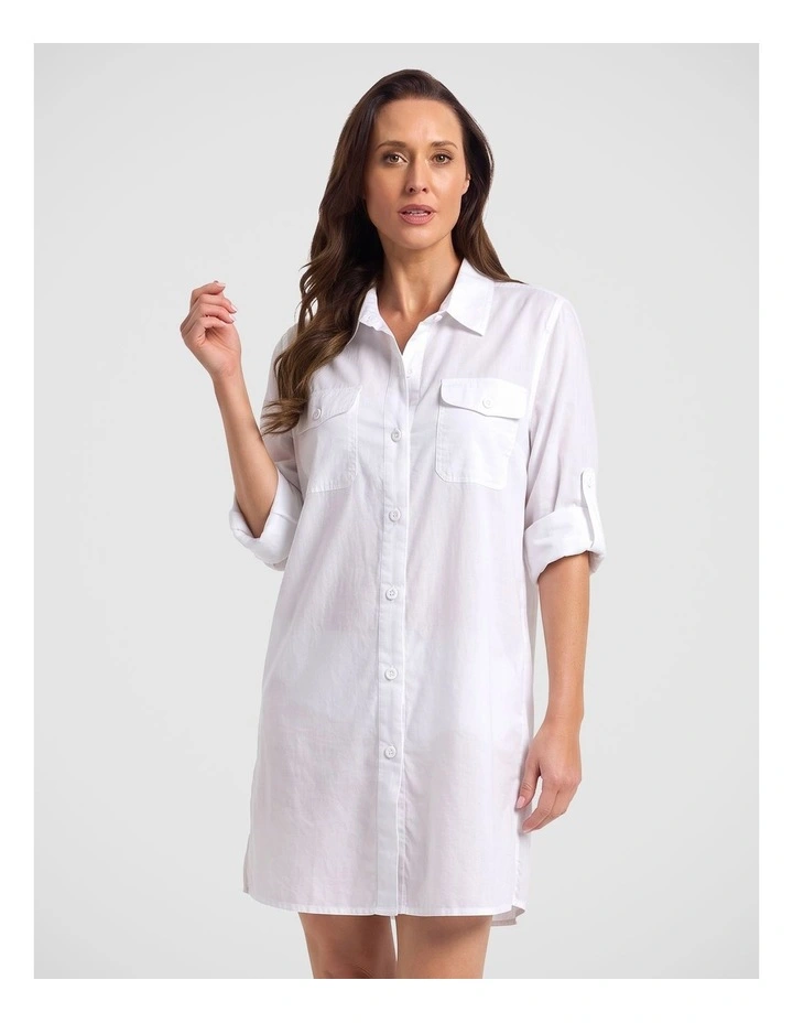 Classic Cotton Rolled Sleeve Longline Shirt White image 3