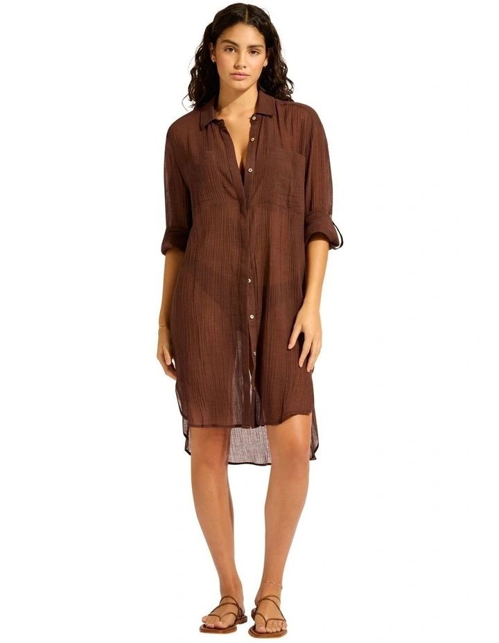 Beach Edit Crinkle Twill Beach Shirt in Dark Chocolate image 1
