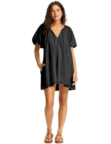Beach Edit Mini Babydoll Dress in Black