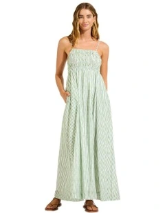Beach Edit Shirred Midi Dress in Green