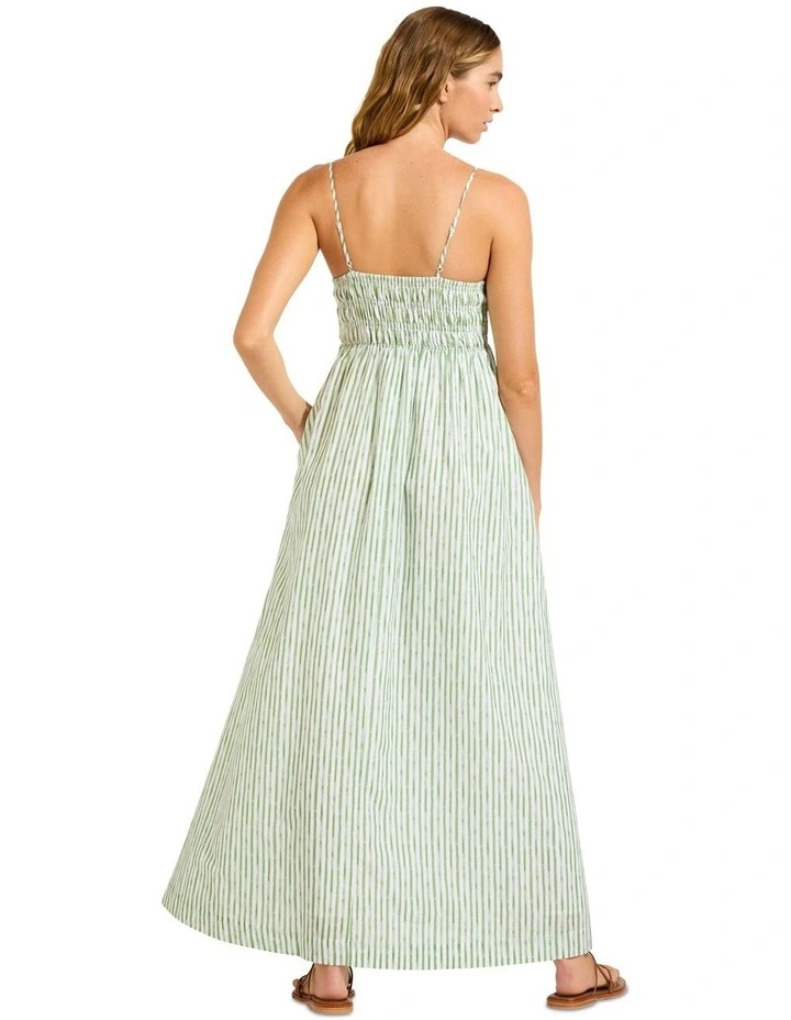 Beach Edit Shirred Midi Dress in Green image 3