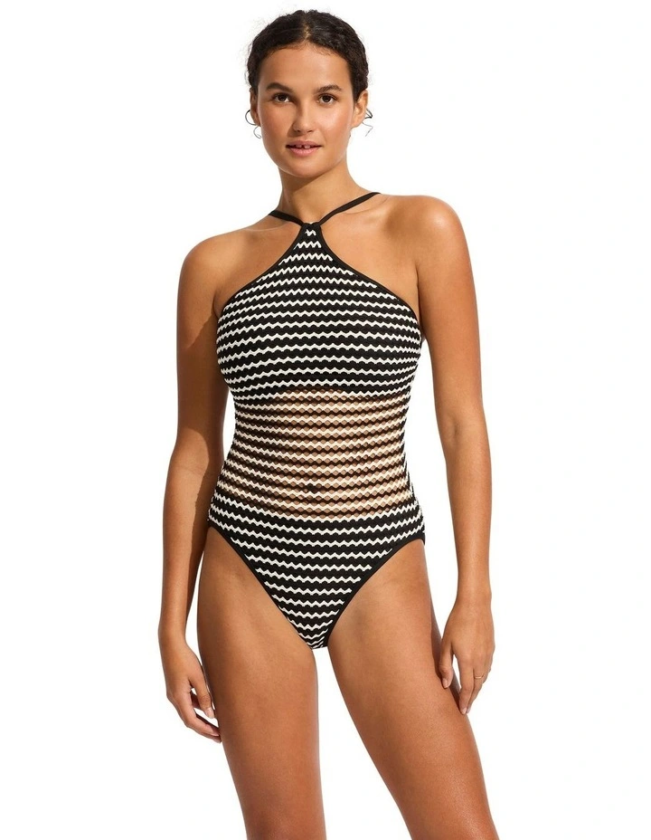 Mesh Effect DD High Neck One Piece in Black image 1