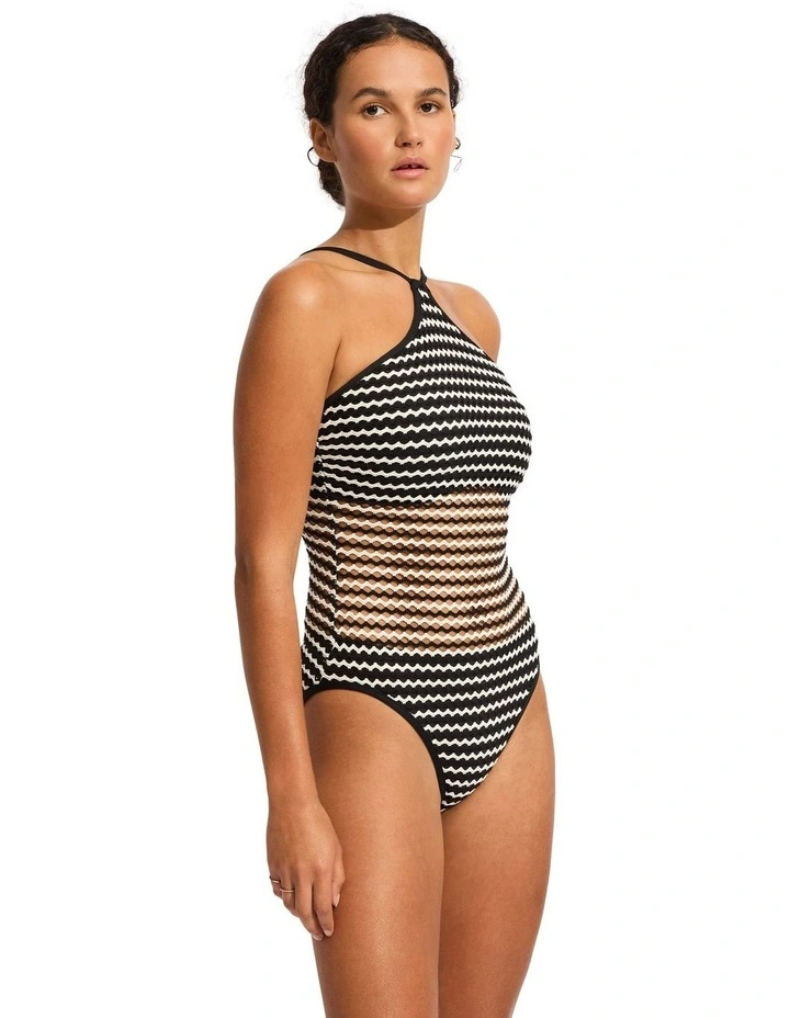 Mesh Effect DD High Neck One Piece in Black image 2