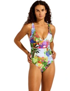 La Boca Deep V Neck One Piece in Multi